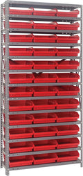 Quantum Storage Systems 1275-109RD Steel Shelving Unit with 4" Shelf Bins, 12" D x 36" W x 75" H, Red