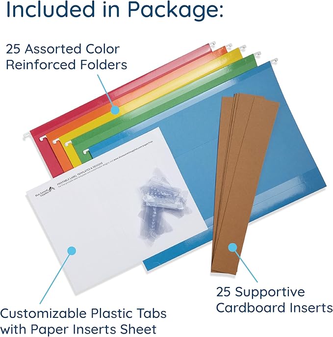 25 Blue Summit Supplies Legal Size Hanging File Folders - Assorted Colors, 2" Expansion, Legal Hanging File Folders for Filing Cabinet, 9.5" x 14.75", 11PT Paper Stock with Tabs and Inserts Included