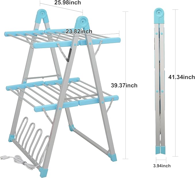 Electric Heated Clothes Drying Rack,Foldable Heated Garment Dryer with Timer Shut-Off Laundry Rack for Clothes Shoes Socks,Aluminum Alloy,Blue,Plug & Play,(39.37x25.98x23.82in)