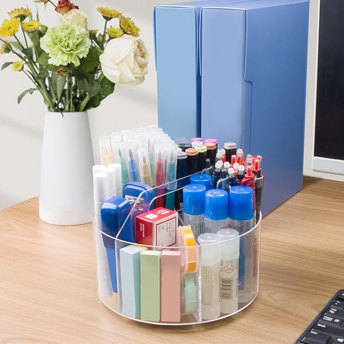 Acrylic Pen Holder, 2 Pack 360 Rotating Organizer With 6 Compartments, Desk Office Storage for 800 Pens, Markers, Crayons and Art Supplies