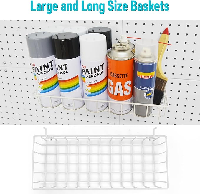 G.CORE Large Peg Board Baskets - 2 Pack Metal Shallow Tray Shelves for 1/4 Pegboards - Spray Bottle Holders Can Organizers for Garage Workbench Shop Hobby Craft Tool Organization (White)