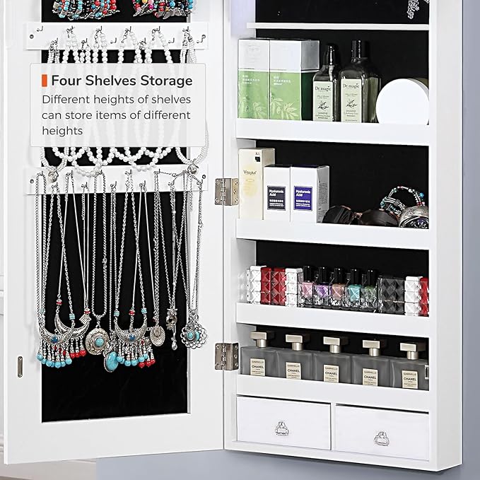 GISSAR Full Length Mirror Jewelry Cabinet, 6 LEDs Jewelry Armoire Wall Mounted Over The Door Hanging, Jewelry Organizer Storage with Lights Lockable, Bright White, 14.6" x 47.2"