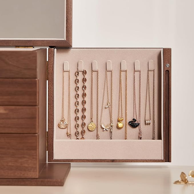 Black Walnut Wooden Jewelry Box, Wood Jewelry Organizer with 2 Side Doors Mirror Lockable Classical Style for Watch Necklace Ring Earring Storage Christmas Gifts-4 Layer