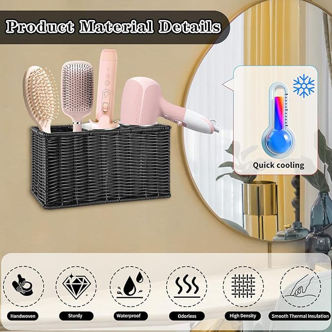 Hair Tool Organizer,Wall Mount Curling Iron Holder,Waterproof Wicker Hot Tools Organizer for Hair Dryer,Flat Irons,Curling Wands,Straighteners Storage,in Cabinet,Bathroom,Vanity (Black)