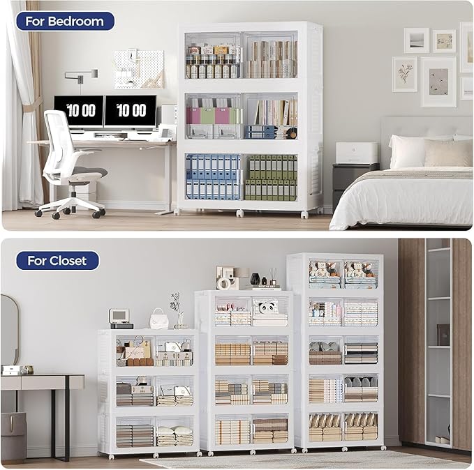 160Gal Stackable Storage Bins with Lid, 640Qt Extra Large Collapsible Storage Box with Wheels, Dividers, Folding Plastic Cabinet Closet Organizers for Home Kitchen Office Dorm, 4Pack White