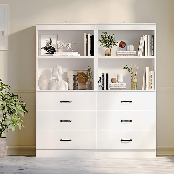 oneinmil 55.5" H 5-Tier Bookshelf with 3 Drawers, White Bookcase with 2-Tier Open Shelves, Tall Book Shelf with Storage Space, Wooden Storage Cabinet for Living Room, Bedroom, Office