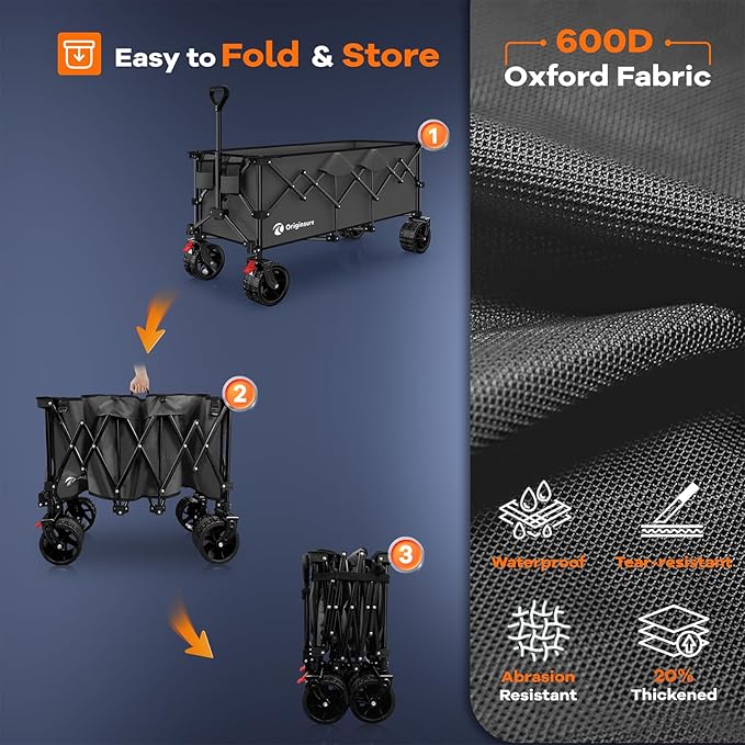 48" L Folding Beach Wagon Cart Foldable, 560lbs Weight Capacity 300L Heavy Duty Collapsible Wagons with Big All-Terrain Wheels, Utility Carts for Groceries, Shopping, Camping, Sports - Grey