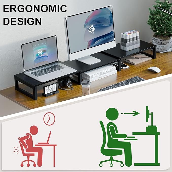 TEAMIX Desk Organizer Dual Monitor Stand Riser, Adjustable Computer Stand 45.5'' Long Desktop Shelf Office Organizer for Laptop,Printer,File,Keyboard Storage Ergonomic Design (Black)