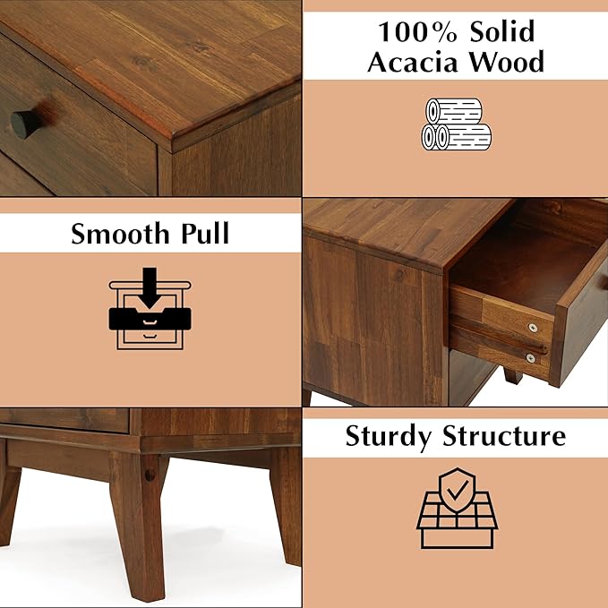 Acacia Silvia Nightstand with 2 Drawers, Solid Wood Bedside Table, Table with Storage Drawers for Bedroom, Bedside End Table with Drawer and Storage Space, Chocolate