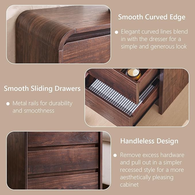 25" Tall Modern Nightstand with Charging Station, 23.6'' Wide Wood Bedside Table w/3 Storage Drawers, Small Dresser w/Curved Profile Design, End Table for Bedroom, Brown