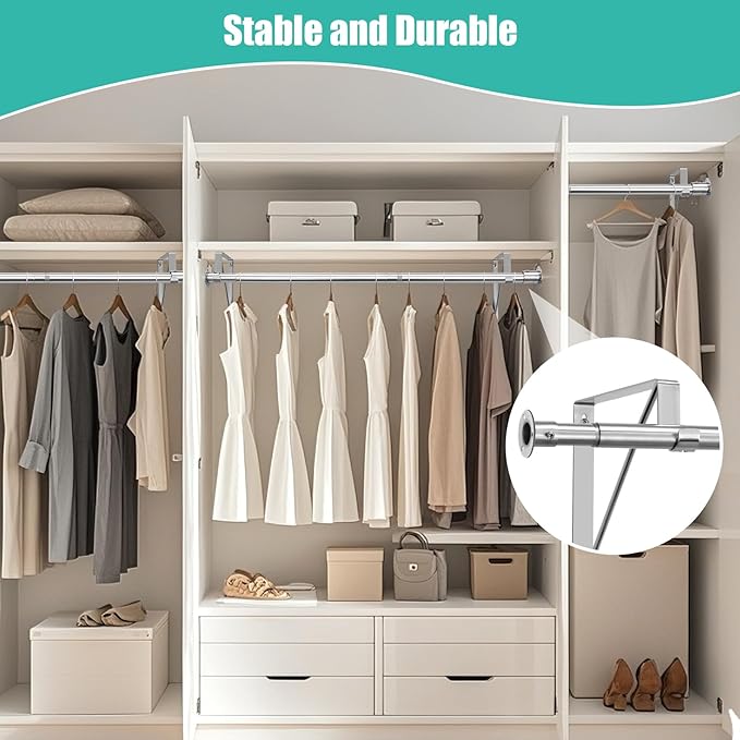 Closet Rod, 16 to 51 Inch Closet Rods Heavy Duty Adjustable Wardrobe Poles for Hanging Clothes and Heavy Duty Bracket Closet Pole Support (The Shelf NOT Included)(Silver)