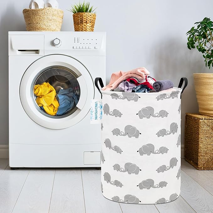 LANGYASHAN Storage Bin, Canvas Fabric Collapsible Organizer Basket for Laundry Hamper,Toy Bins,Gift Baskets, Bedroom, Clothes,Baby Nursery (Full Love Elephant)