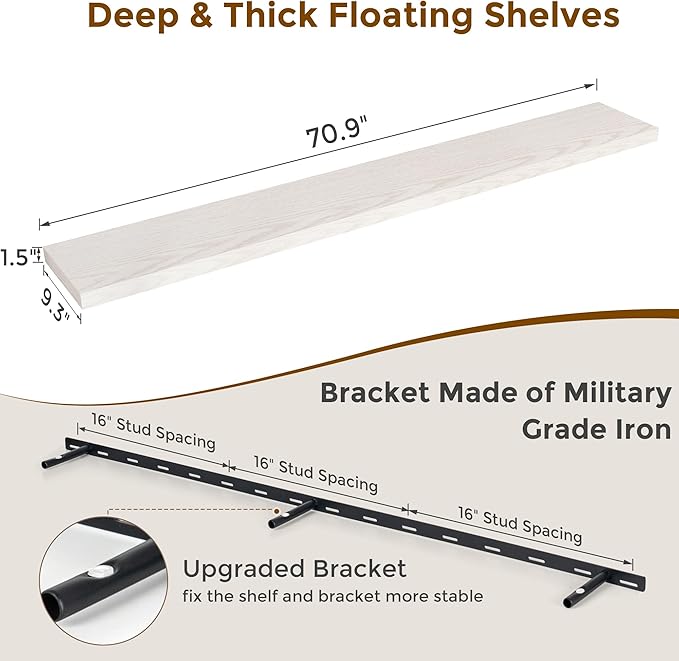 Fun Memories 72 Inch Floating Shelves, 72 x 9.3 Rustic Wooden Fireplace Mantel, 9.3 Inch Floating Shelf for Wall, Farmhouse Wall Shelves for Home Storage & Display, Brich Color, Set of 1