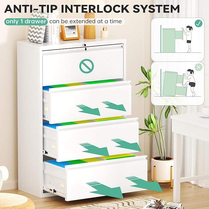Bonusall 4 Drawer Lateral File Cabinet with Lock, Locking Metal lateral Filing Cabinet for Office Steel lateral File Cabinet, Large Horizontal File Cabinet Locked by Keys-White