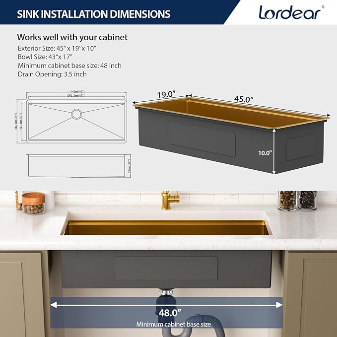 Lordear Luxury 45 Inch Kitchen SInk Gold Undermount Kitchen Sink Large Ledge Workstation 16 Gauge Stainless Steel Single Bowl Under Counter Gold Kitchen Sink with Built-in Accessories 45''x19''x10''