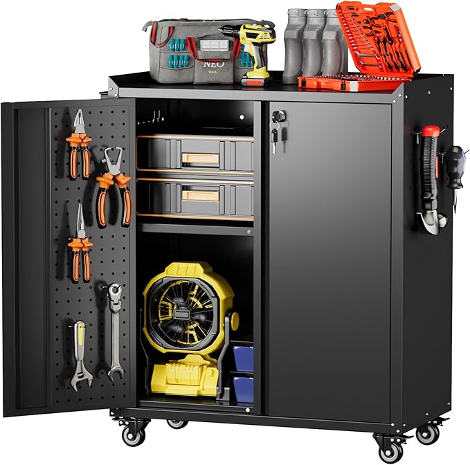 Aobabo 2 Door Metal Tool Storage Cabinet with Wheels, Locking Steel Rolling Tools Chest Garage Storage Cabinet with 1 Shelves, Assembly Required