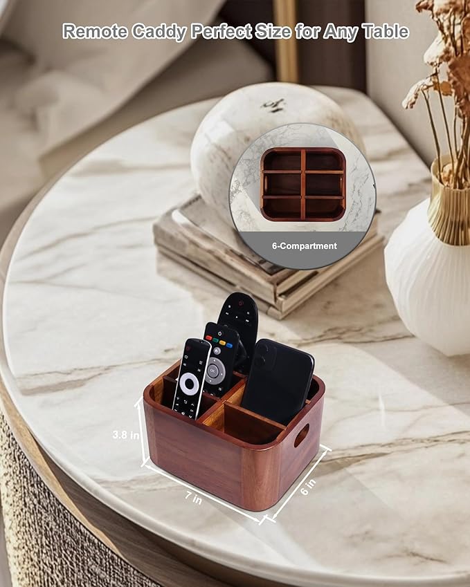 LYNG Acacia Wood Remote Control Holder Caddy, Solid Wood Organizer with 4 Adjustable Dividers & Handle, Remote Organizer for Coffee Table & Living Room