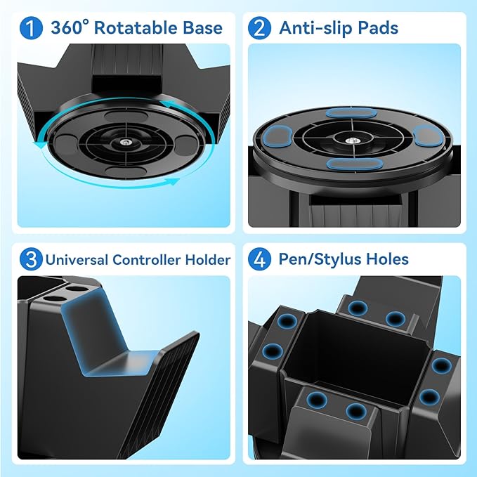 KDD Controller Organizer for Desktop - 360°Rotatable Controller Holder with Storage Box - Universal Stand for 4 Controllers, Desk Organizer for Switch Remote Control Pen Gamer Accessories