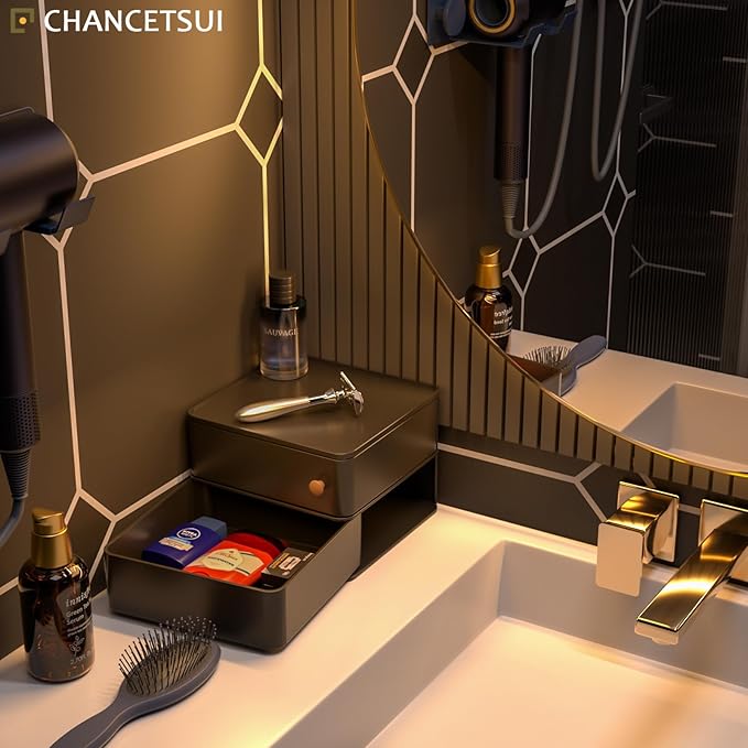 CHANCETSUI Black desk organizer for men: Multi function countertop container for gaming desk, workstation, bathroom storage, square storage box for black aesthetic