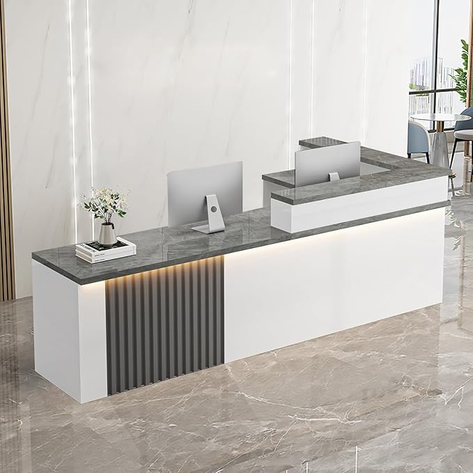 Receptionist Desk with LED Light，Wooden Salon Checkout Counter with Storage Drawer & Keyboard Tray Modern L-Shaped Reception Desk for Barbershop Office Company Store