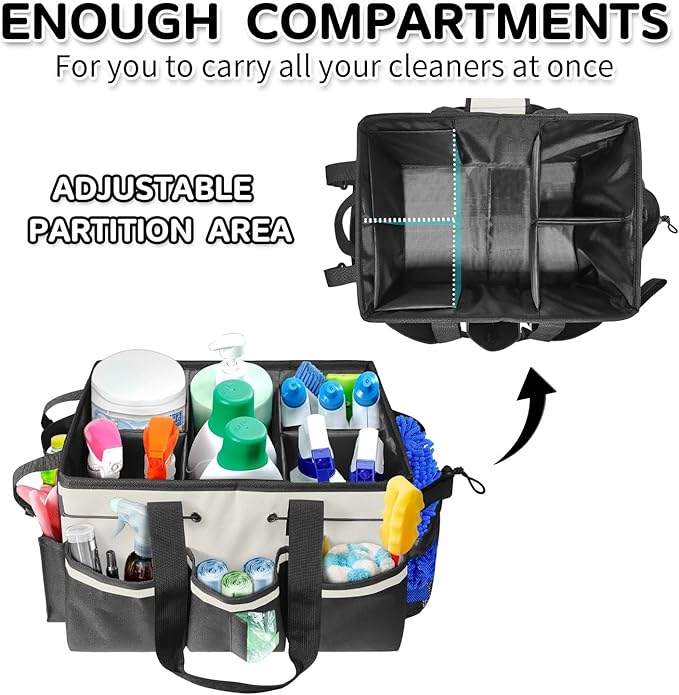 Boczif Cleaning Caddy Bag Wearable, Cleaning Caddy Supplies Organizer with Handle, Shoulder Straps & Detachable Divide, Cleaning Tool Organizers Tote Bag for Cleaners & Housekeepers (White)