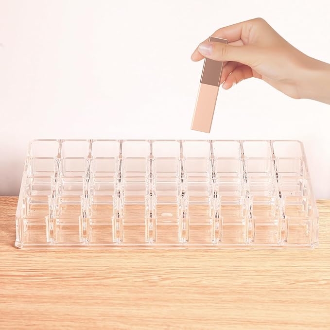 36 Slots Acrylic Lipstick Organizer, Thickened Multi-Grid Clear Lip Gloss Perfume Sample Mascara Display Storage Holder for Drawer and Vanity, 10 x 4.6 x 2.3 Inch