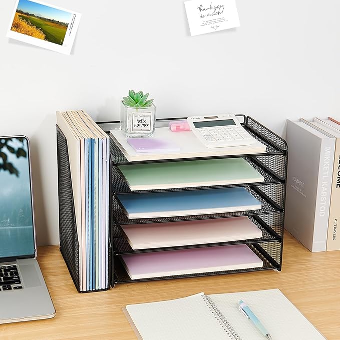 OPNICE 5-Tier Paper Organizer with Magazine Holder, Desk Organizers and Accessories, Office Desk Accessories & Workspace Organizers, Desktop File Organizer for Office Supplies Storage, Black