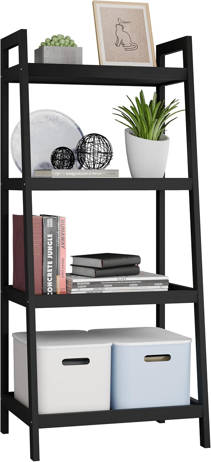 SMIBUY Bamboo Ladder Bookcase, Bathroom Storage Rack Organizer, 4 Tier and 5 Tier Freestanding Plant Display Stand Space Saver Shelves for Bedroom, Kitchen, Balcony (Black, 4 Tiers (39" H))