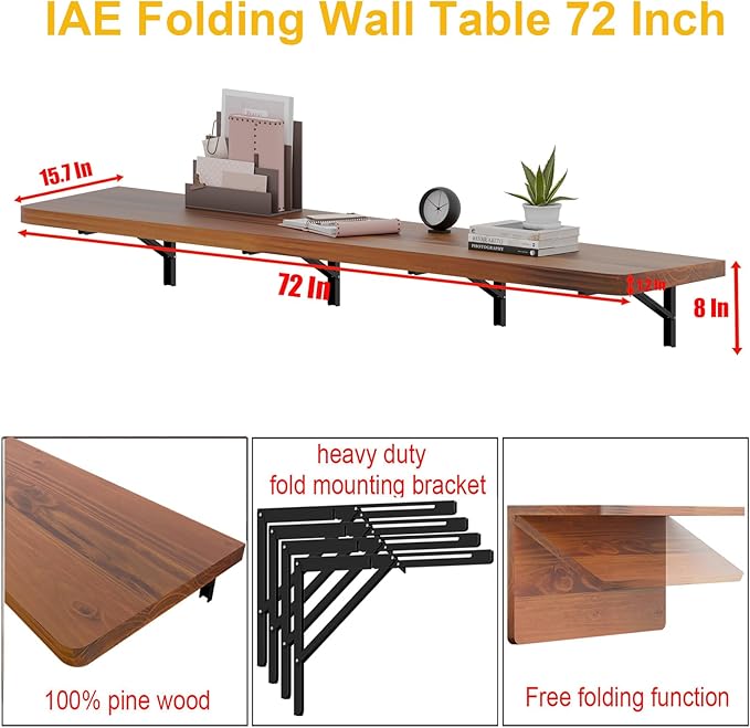IAE Wall Mounted Folding Table with Pine Wood,72" x 16" Floating Wall Desk,Laundry Folding Table with Shelf Brackets,Fold Down Desk Shelf,Folding Workbench for Home,Dining,Laundry Room,Kitchen,Teak