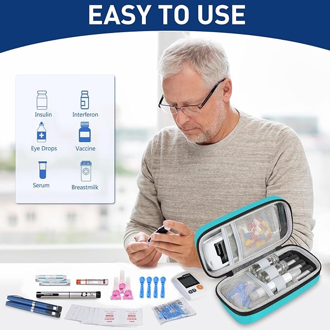 Insulin Cooler Travel Case, Portable Temperature Display Medicine Travel Cooler, Diabetes Case with 2 Reusable Ice Packs TSA Approved for Diabetic Supplies Patent Pending(Seafoam-No Temp)