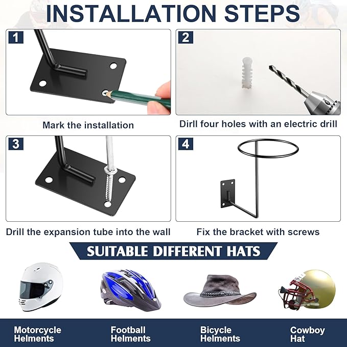 6 Pack Helmet Hanger Wall Mount Motorcycle Helmet Rack Metal Ball Holder for Basketball Volleyball Football Multifunctional Display Hook Stand for Cap Hat Wig Riding Jacket Coat
