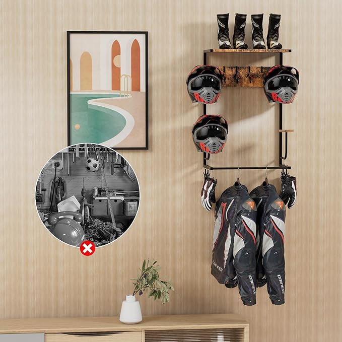 Motorcycle Helmet Holder Wall-Mounted Helmet Rack with 4 Glove Chips& Hooks - Rustic Bike Helmets Storage Organizer, Universal Wall Mount for Helmets, Gear, Clothes, Accessories，Retro