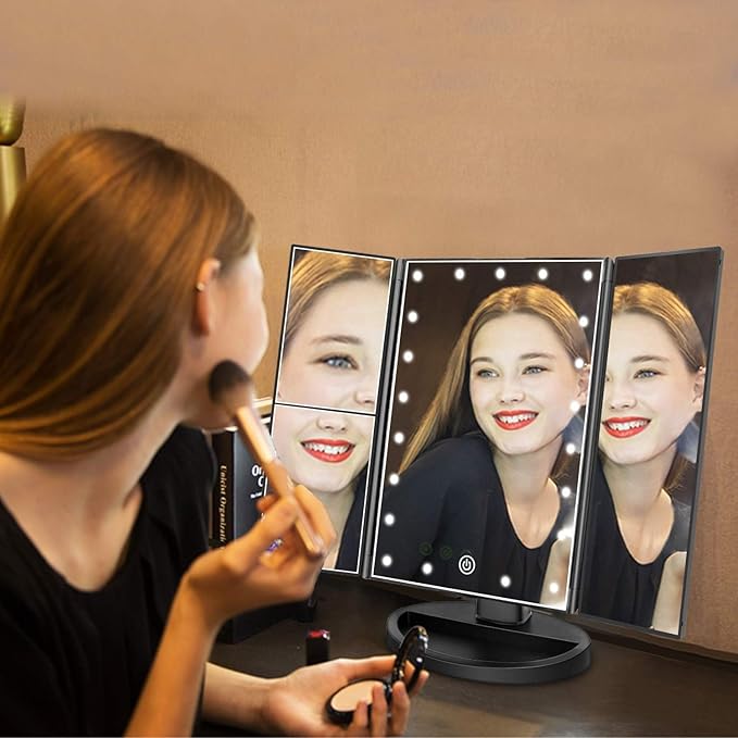 Tri-fold Lighted Vanity Makeup Mirror with 3x/2x Magnification,21 LEDs Light and Touch Screen,180 Degree Free Rotation Countertop Cosmetic Mirror,Travel (Black)