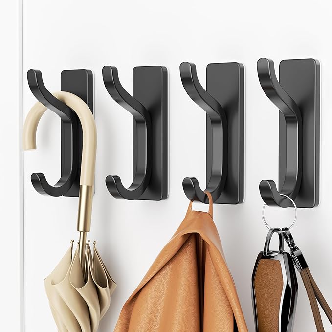 pickpiff Adhesive Wall Coat Hooks - Heavy Duty Stick-On Door Hanger, Black Metal Hook for Hanging Towel,Purse, Robe, Backpack, Jacket, Clothes - for Bathroom,Dorm, Closet, Kitchen - 4 Pack