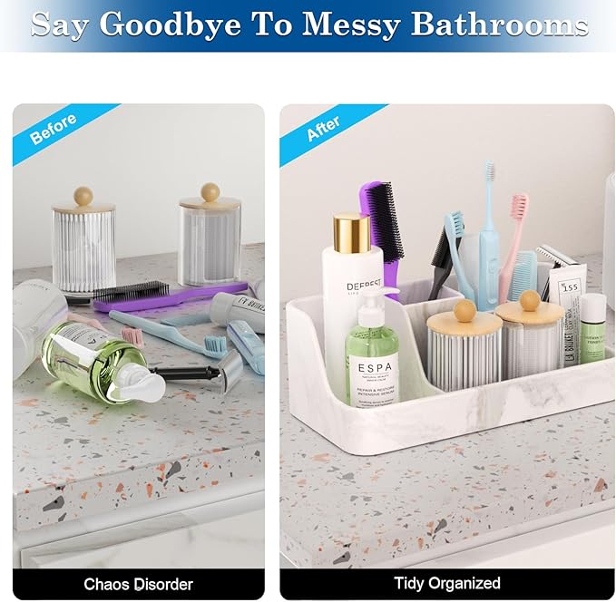 Marble Bathroom Countertop Organizer - Silicone Bathroom Vanity Countertop Organizer - Tooth Brush Organizer With 2PCS Qtip Holder Dispenser - Toothpaste Holder Drainage - Bathroom Essentials
