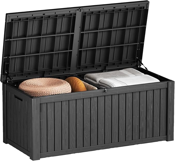 EasyUp 180 Gallon Outdoor Storage Box Waterproof, UV Resistant Resin Deck Box with Hydraulic Rod, Reinforced Stability for Patio, Garden, and Pool, Striped Black