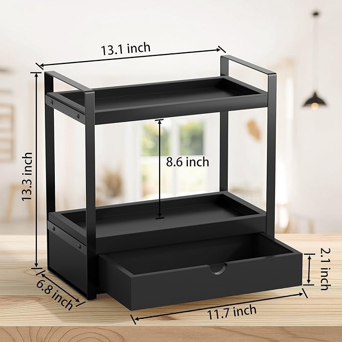 2-Tier Bathroom Organizer Countertop with Drawer, Wood Bathroom Counter Shelf for Storage, Vanity Organizer Countertop for Kitchen, Office