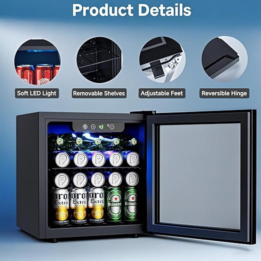 COWSAR Beverage Refrigerator, 50 Cans Wine Cooler, ETL Approved 1.3 Cu.ft Mini Fridge with Glass Door, Adjustable Shelves, Digital Temperature Freestanding Small Drink Fridge for Soda Beer or Wine