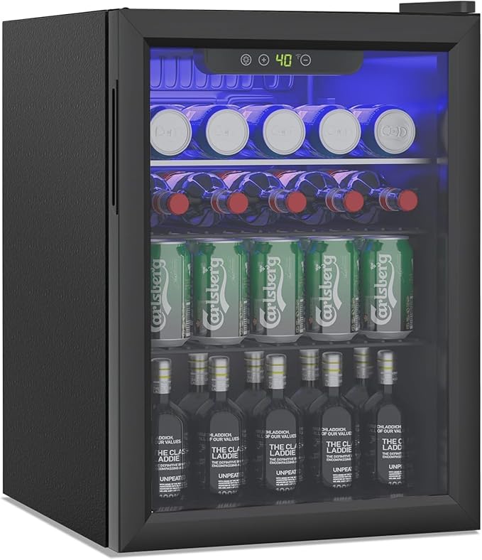 Compact Beverage Refrigerator, 105 Can/2.7 Cubic Feet Fridge with Glass Front Door for Soda, Beer or Wine, Under Counter Small Refrigerator with Adjustable Shelve & Digital Display(Black)
