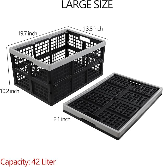 Ggbin 4 Pack Stackable Storage Crates Large, 42 L Plastic Collapsible Crates for Groceries