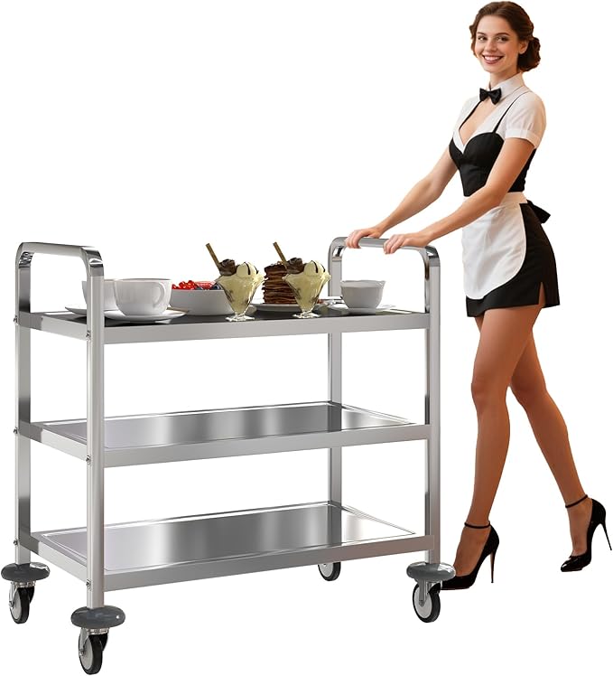uyoyous 3 Tier Stainless Steel Utility Cart Commercial Serving cart with 360°Rotation Wheels Kitchen Island Load Up 400 lbs Stainless Steel Work Cart for Hotel Restaurant Home 30" L x 16" W x 33" H