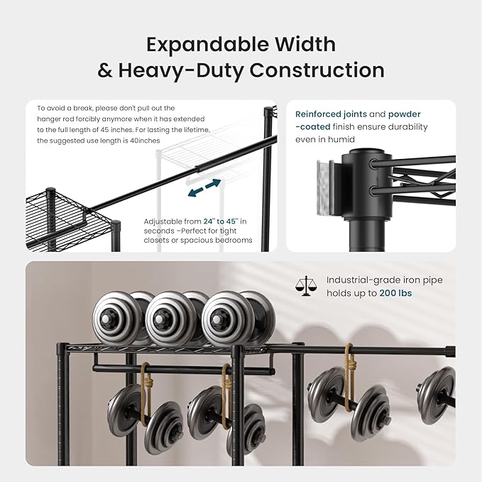 Metal Garment Racks Heavy Duty Clothes Rack Adjustable Freestanding Expandable Industrial Pipe Clothing Rack for Hanging Clothes - 70" L x 16" W x 76.7" H, Black