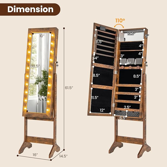 Giantex Standing Jewelry Armoire with Lighted Full Length Mirror, Lockable Jewelry Cabinet Organizer with 20 LED Lights, Adjustable Tilt, Large Storage for Earrings, Rings, Necklaces, Rustic Brown
