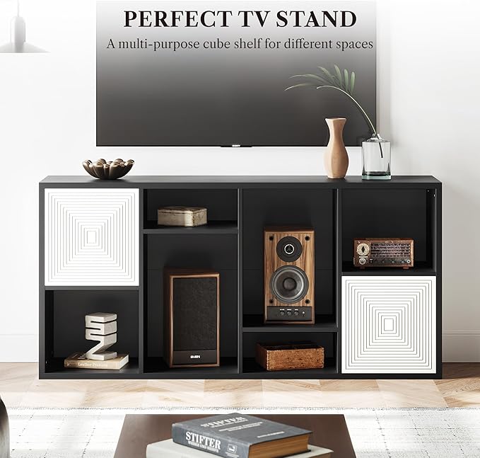 Wooden 8 Cube Storage Organizer, Cubby Storage Organizer with Doors, Multipurpose Cubbies Organizer with Adjustable Shelves, Display Storage Cabinet with Closed Back for Living & Office, Black
