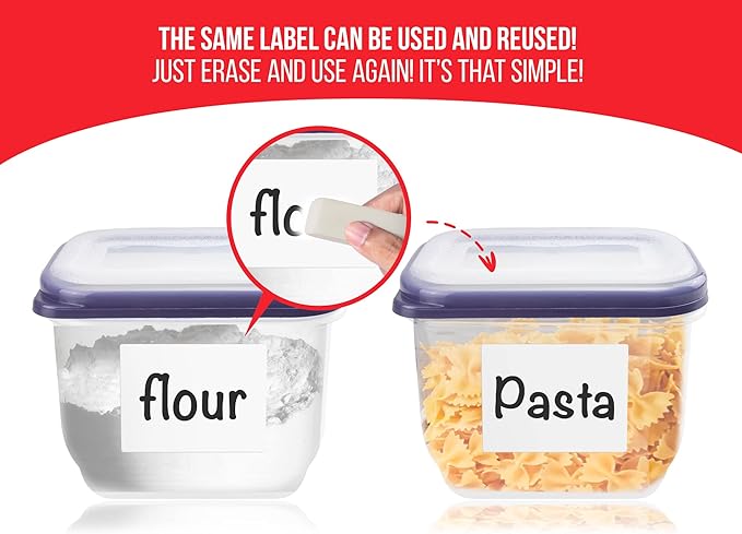 MESS Reusable Kitchen Labels – White Dry Erase, 3x4 in, 48-Pack – Erasable Organizing Stickers for Fridge & Freezer