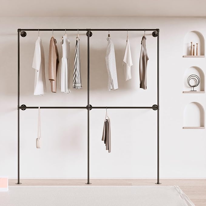 Industrial Pipe Clothing Rack, Heavy Duty Wall Mounted Clothes Rack, Retail Display Hanging Garment Rod for Laundry Rooms, Closet Storage, 14.6x75x82.7 Inches, Model K03