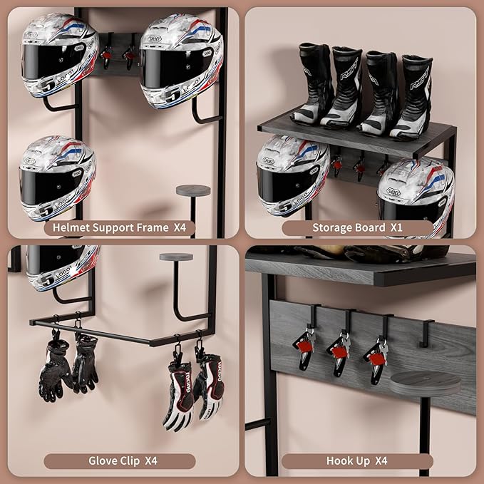 Motorcycle Helmet Holder Wall Mounted, Helmet Holder Wall Mount with Helmet Rack, 4 Glove Chips and 4 hooks, Rustic Helmet Holder and Motorcycle Helmet Rack for Most of Helmet and Clothes (Grey)