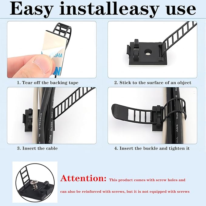 Adjustable 3M Adhesive Cable Management Clips 100Pcs, Large self Adhesive Cable Ties Clips ，Suitable for Cable Management Under desks and on Walls(White)