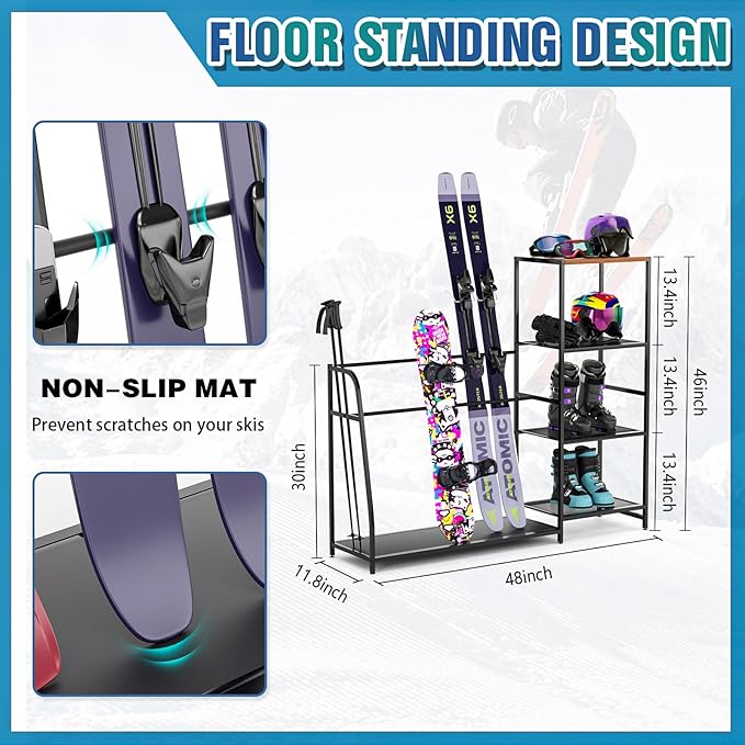 Ski-Snowboard Storage Rack Holder - Freestanding Ski Equipment Organizer Snowboard Boot Stand Garage Gear Storage
