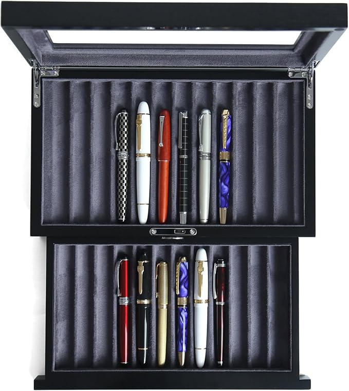 Wood Pen Display case 24 Slot Fountain Pen Box Storage Organizer with Drawer, Top Glass Window Pen Collection Display Case